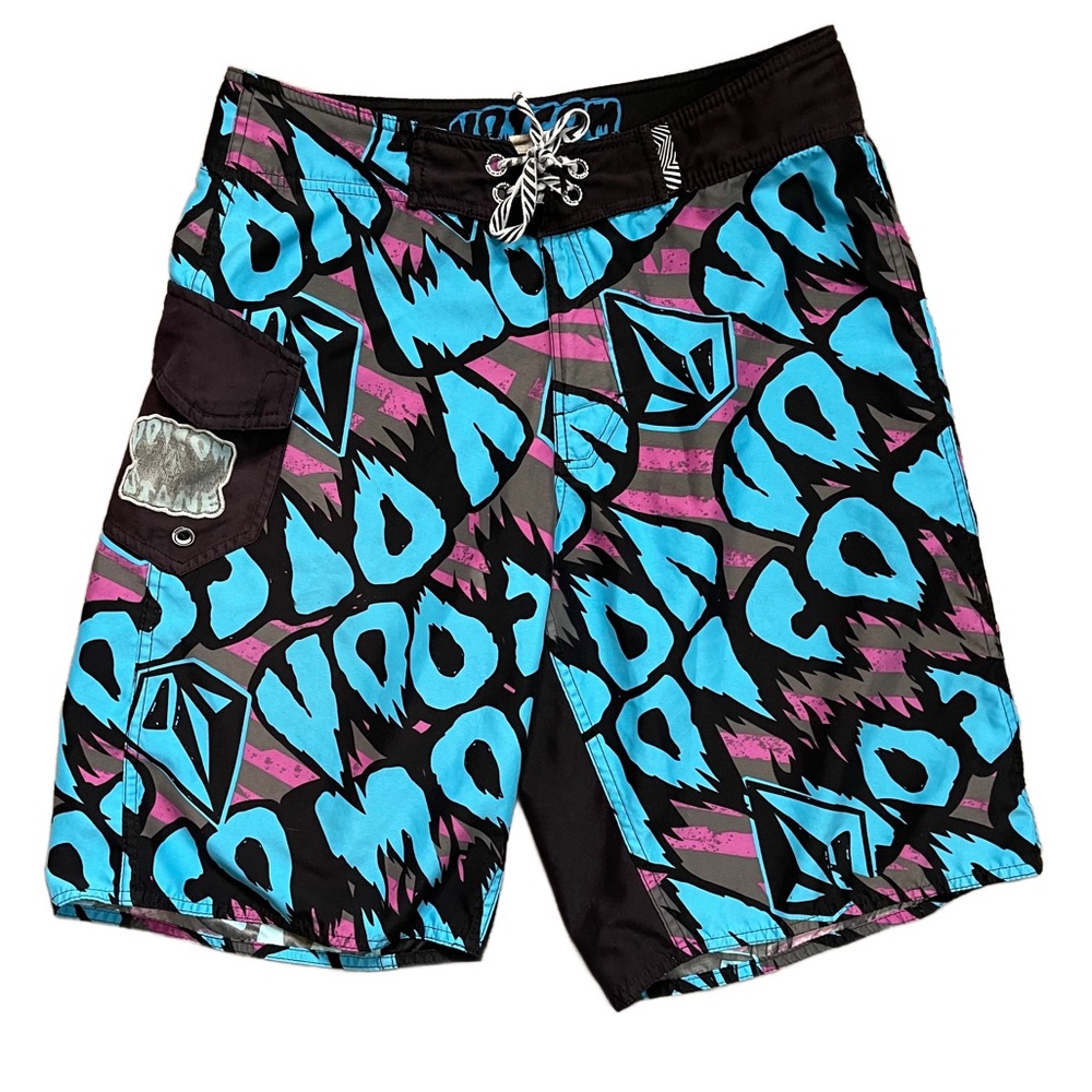 Volcom Blue and Pink Graphic Board Shorts